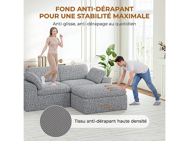 Canapé modulable d'angle, 2 places avec pouf, en tissu chenille, 204x182x88cm, Gris