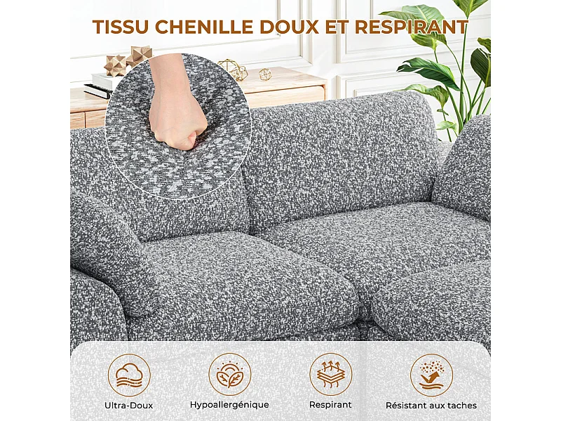 Canapé modulable d'angle, 2 places avec pouf, en tissu chenille, 204x182x88cm, Gris