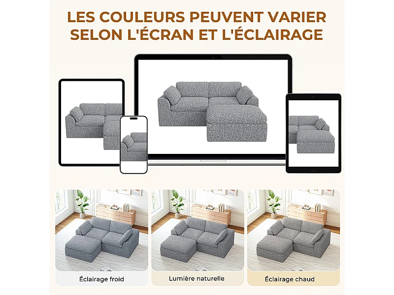 Canapé modulable d'angle, 2 places avec pouf, en tissu chenille, 204x182x88cm, Gris