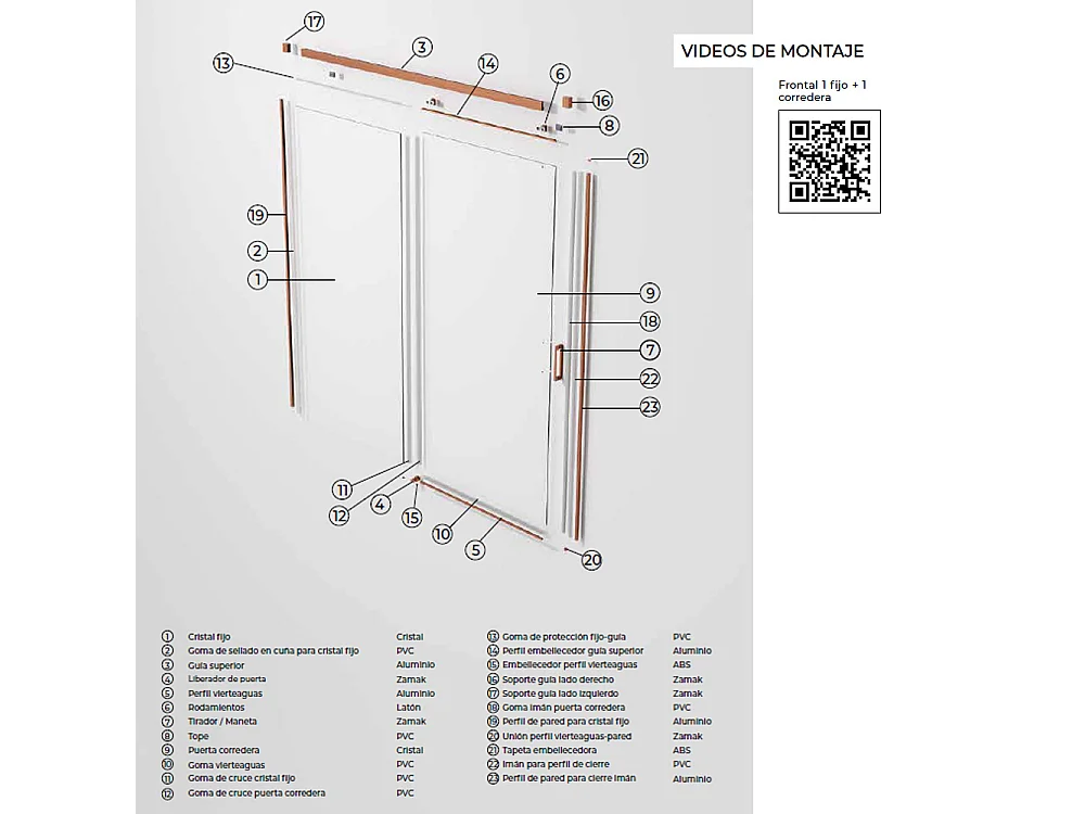 Parete doccia frontale con 1 porta e 1 fisso scorrevole | Vetro temperato 6mm | Altezza 195 cm | Profilo Oro Rosa 175cm (adap. 171,1-176)