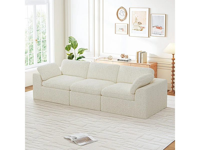 Canapé 3 places modulable en tissu chenille beige 286x102x88cm