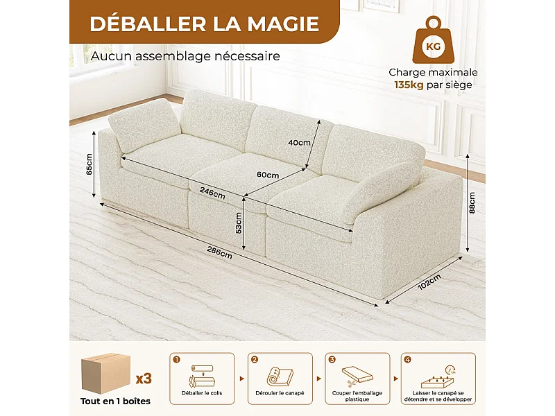 Canapé 3 places modulable en tissu chenille beige 286x102x88cm