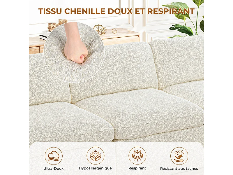 Canapé 3 places modulable en tissu chenille beige 286x102x88cm