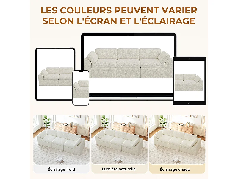 Canapé 3 places modulable en tissu chenille beige 286x102x88cm