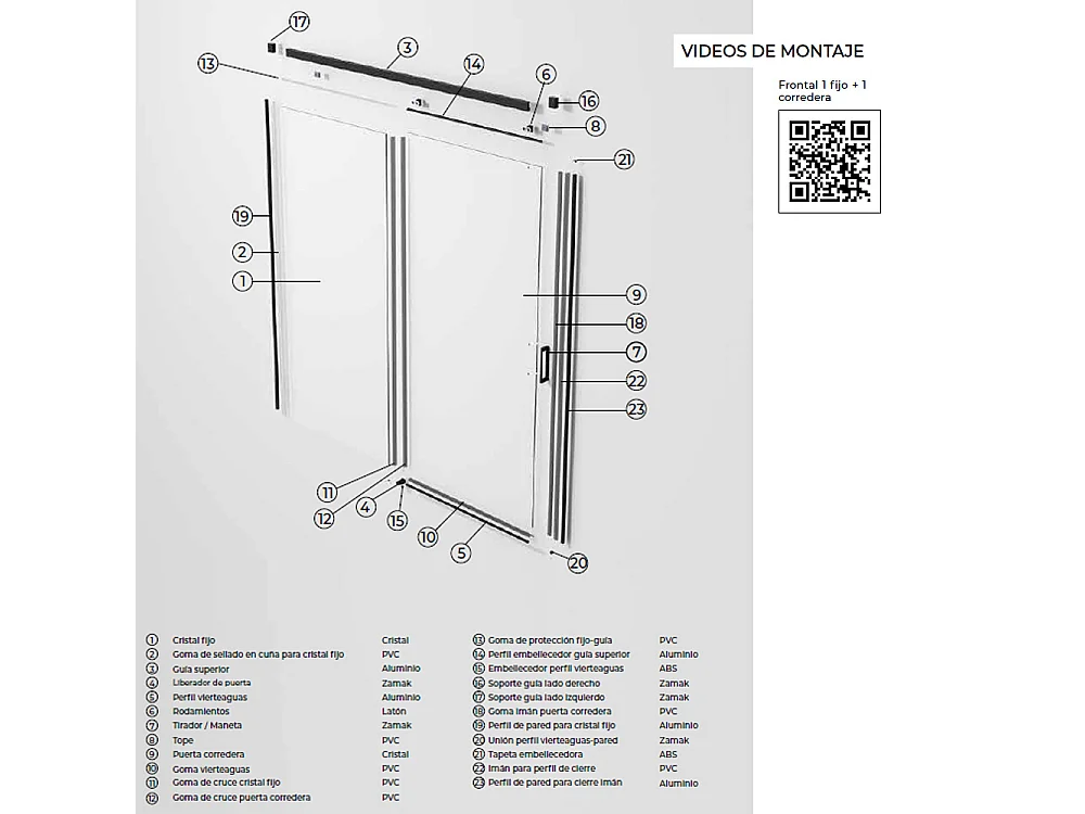 Parete doccia frontale con 1 porta e 1 fisso scorrevole | Vetro temperato 6mm | Altezza 195 cm | Profilo Nero opaco 170cm (adap. 166,1-171)