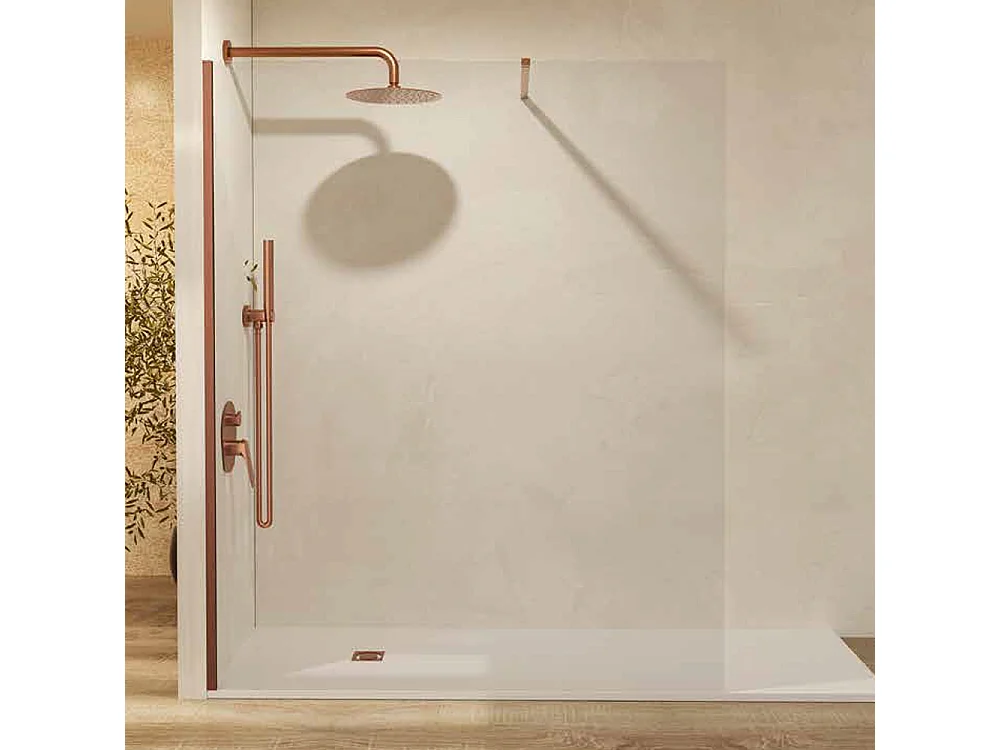 Pannello Doccia Fisso Walk-In | Vetro Temperato 8 mm Anticalcare Trasparente | Altezza 200 cm | Oro Rosa Spazzolato 150cm