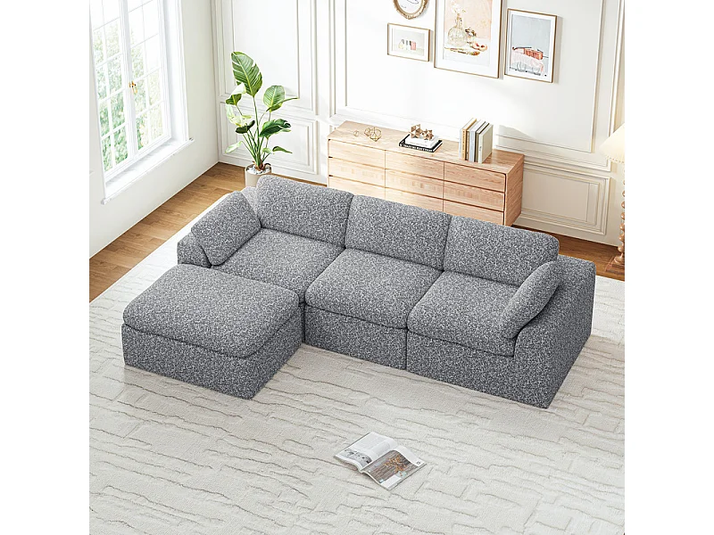Canapé 3 places d'angle modulable en tissu chenille gris, avec pouf, 288x182x88cm