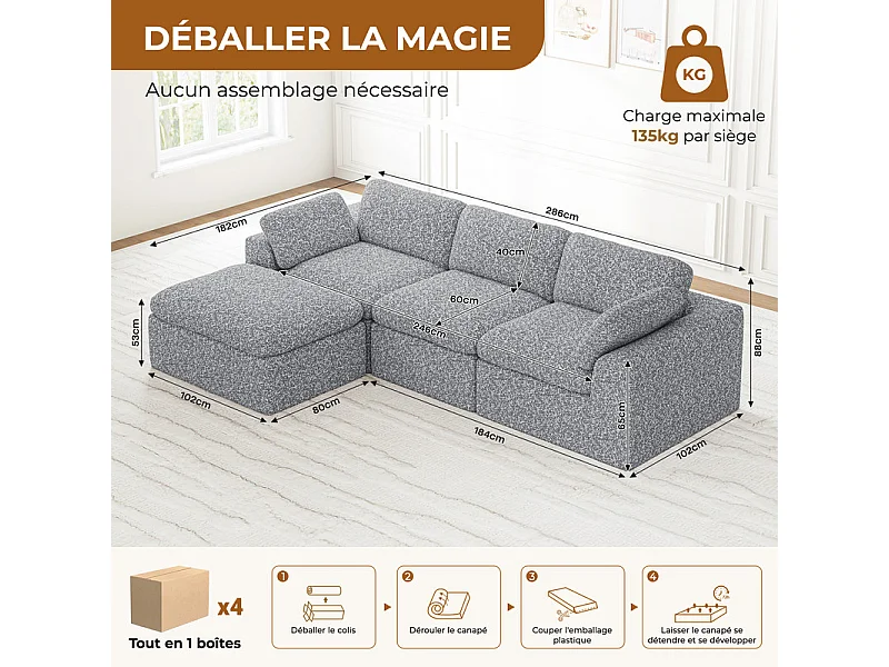 Canapé 3 places d'angle modulable en tissu chenille gris, avec pouf, 288x182x88cm