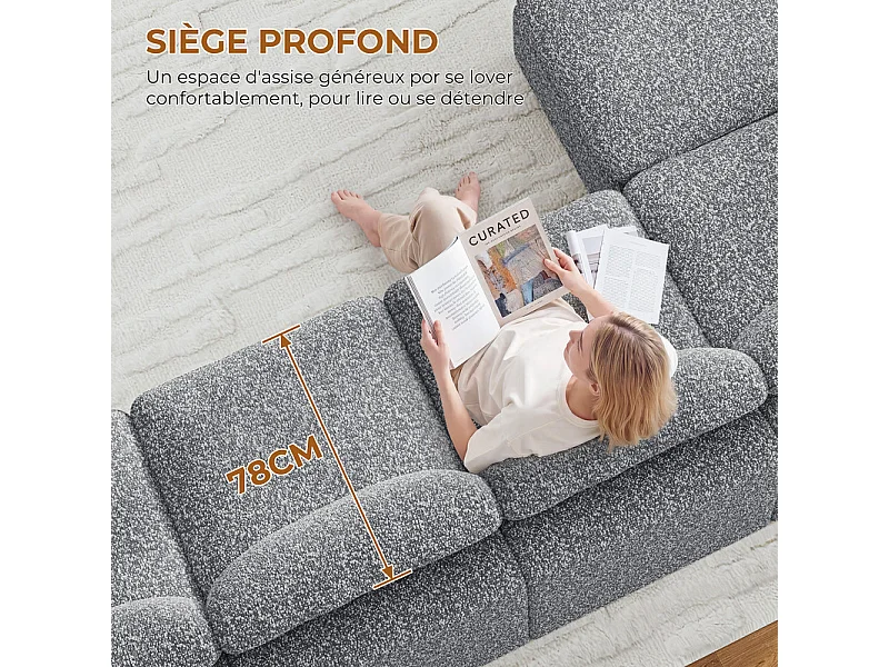 Canapé 3 places d'angle modulable en tissu chenille gris, avec pouf, 288x182x88cm