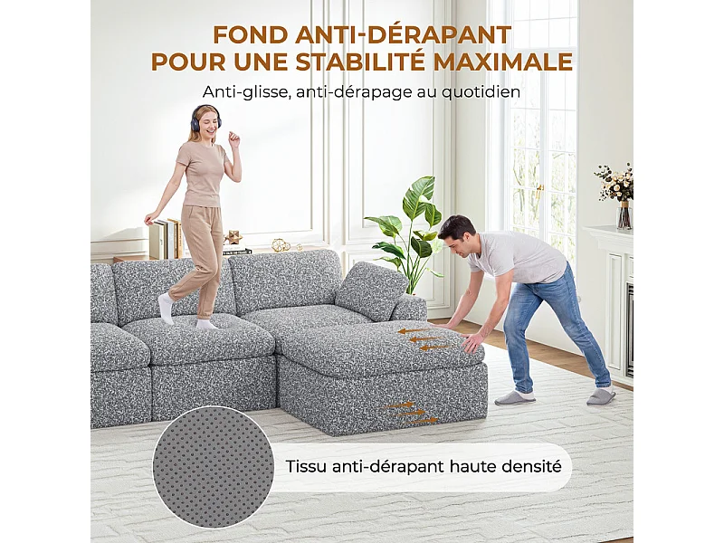 Canapé 3 places d'angle modulable en tissu chenille gris, avec pouf, 288x182x88cm