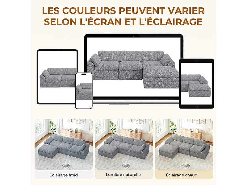 Canapé 3 places d'angle modulable en tissu chenille gris, avec pouf, 288x182x88cm