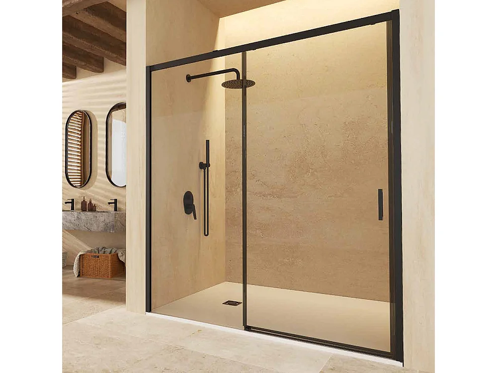Parete doccia frontale con 1 porta e 1 fisso scorrevole | Vetro temperato 6mm | Altezza 195 cm | Profilo nero opaco 145cm (adap. 141,1-146)