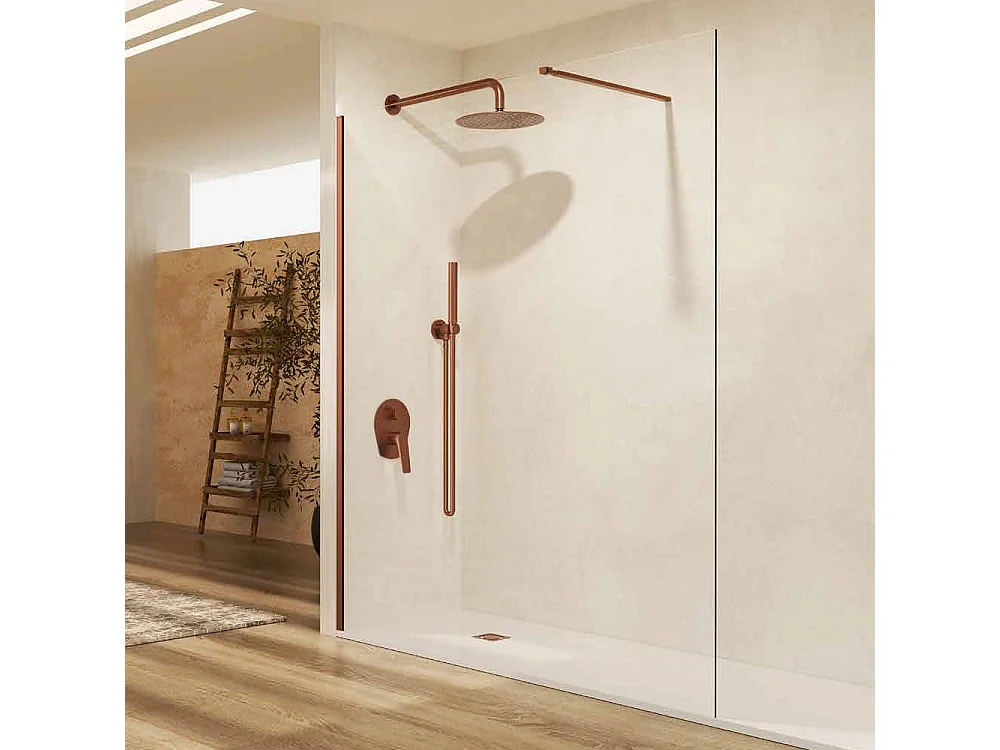 Pannello Doccia Fisso Walk-In | Vetro Temperato 6 mm Anticalcare Trasparente | Altezza 195 cm | Oro Rosa Spazzolato 110cm