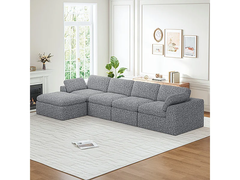 Canapé 4 places d'angle modulable en tissu chenille - avec pouf - Gris - 368x182x88cm