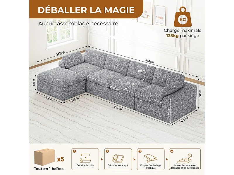 Canapé 4 places d'angle modulable en tissu chenille - avec pouf - Gris - 368x182x88cm