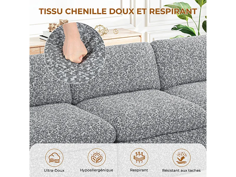Canapé 4 places d'angle modulable en tissu chenille - avec pouf - Gris - 368x182x88cm