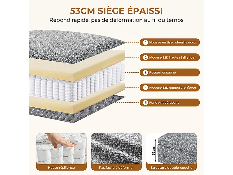 Canapé 4 places d'angle modulable en tissu chenille - avec pouf - Gris - 368x182x88cm