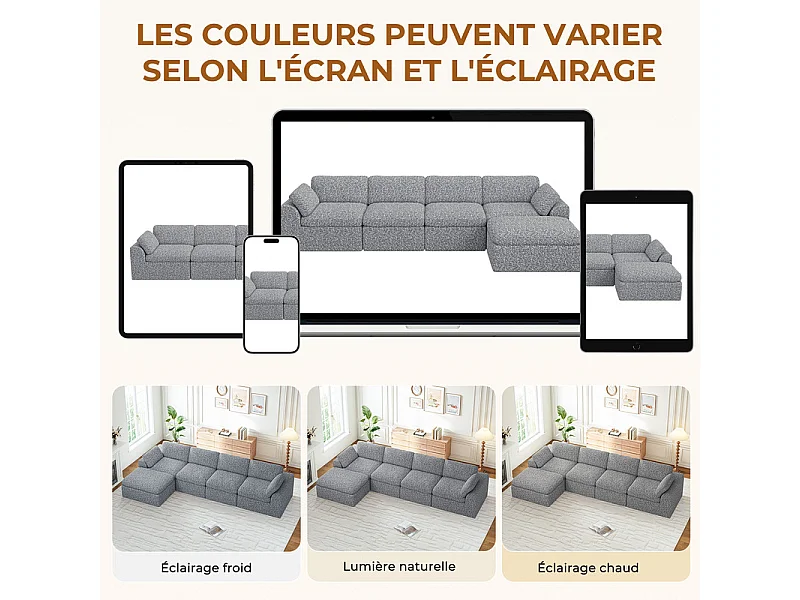 Canapé 4 places d'angle modulable en tissu chenille - avec pouf - Gris - 368x182x88cm
