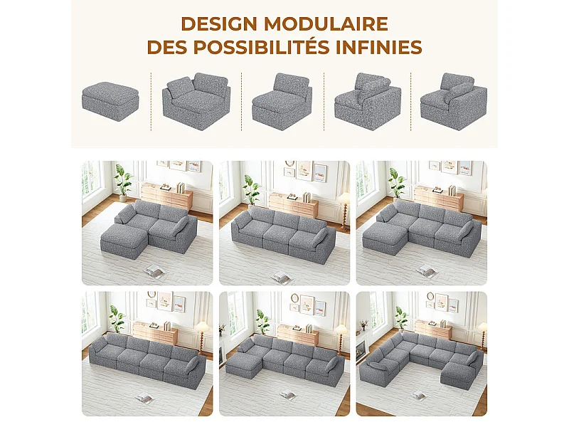 Canapé 4 places d'angle modulable en tissu chenille - avec pouf - Gris - 368x182x88cm