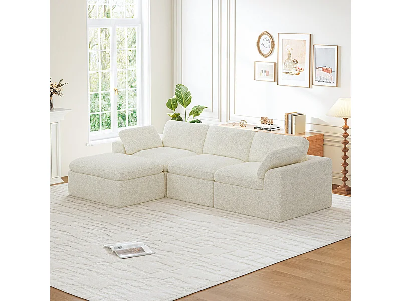 Canapé 3 places d'angle modulable en tissu chenille beige, avec pouf, 288x182x88cm