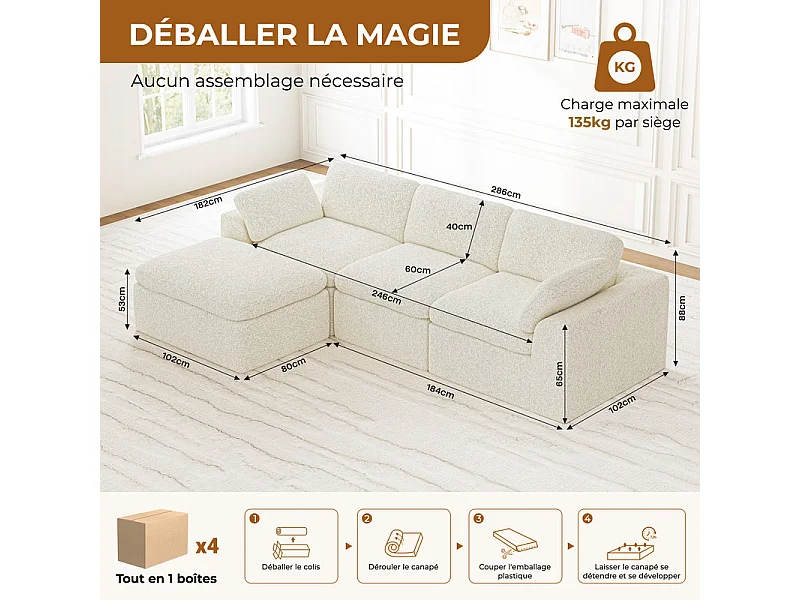 Canapé 3 places d'angle modulable en tissu chenille beige, avec pouf, 288x182x88cm