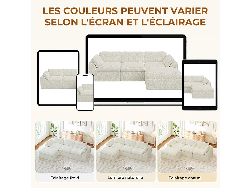 Canapé 3 places d'angle modulable en tissu chenille beige, avec pouf, 288x182x88cm