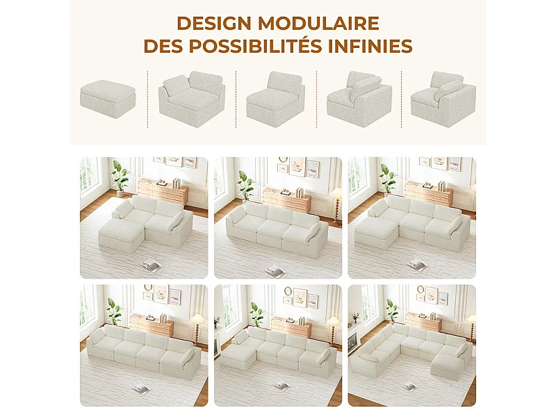 Canapé 3 places d'angle modulable en tissu chenille beige, avec pouf, 288x182x88cm