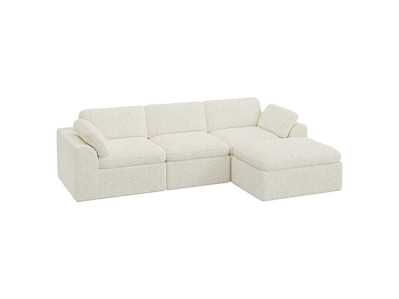 Canapé 3 places d'angle modulable en tissu chenille beige, avec pouf, 288x182x88cm