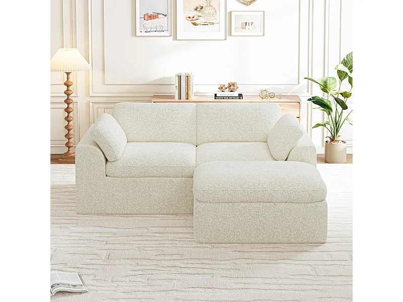 Canapé modulable d'angle, 2 places avec pouf, en tissu chenille, 204x182x88cm, Beige