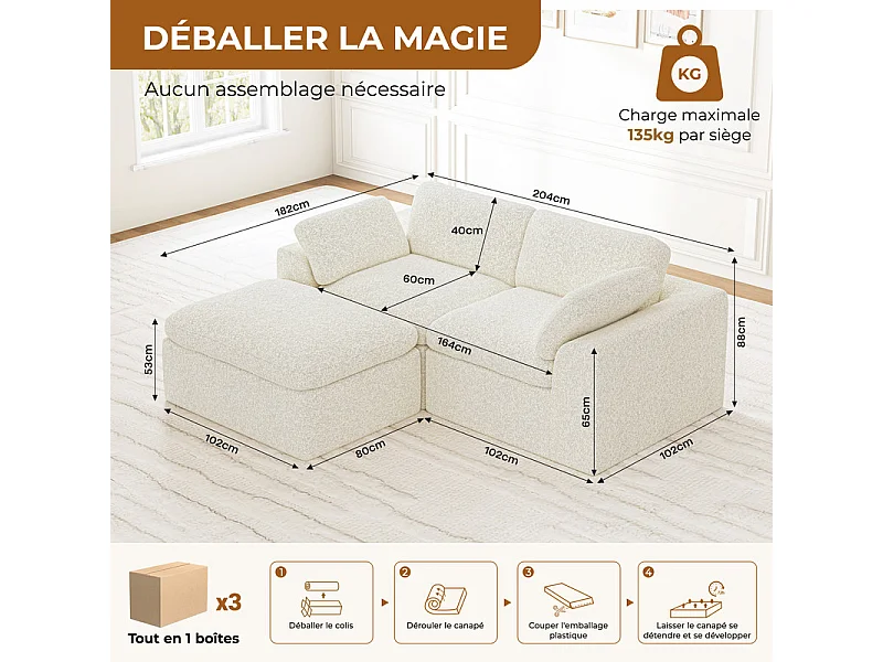 Canapé modulable d'angle, 2 places avec pouf, en tissu chenille, 204x182x88cm, Beige