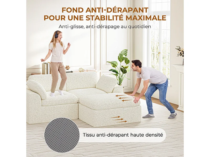 Canapé modulable d'angle, 2 places avec pouf, en tissu chenille, 204x182x88cm, Beige