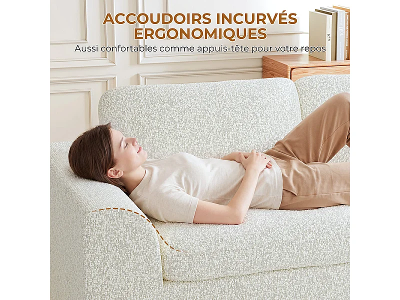 Canapé modulable d'angle, 2 places avec pouf, en tissu chenille, 204x182x88cm, Beige