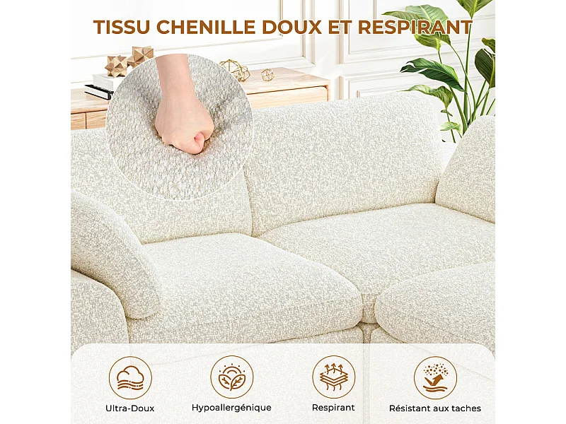 Canapé modulable d'angle, 2 places avec pouf, en tissu chenille, 204x182x88cm, Beige