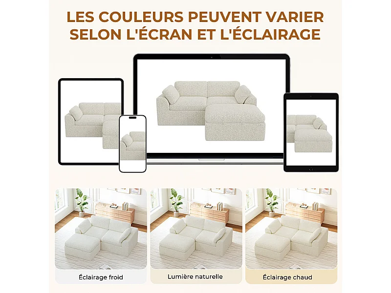 Canapé modulable d'angle, 2 places avec pouf, en tissu chenille, 204x182x88cm, Beige