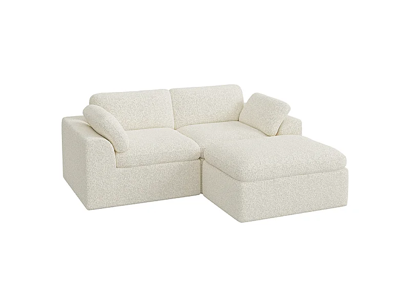 Canapé modulable d'angle, 2 places avec pouf, en tissu chenille, 204x182x88cm, Beige