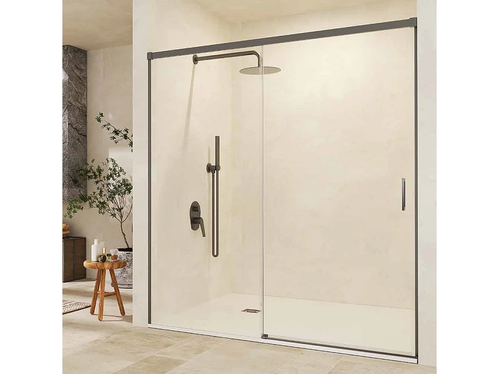 Parete doccia frontale con 1 porta e 1 fisso scorrevole | Vetro temperato 6mm | Altezza 195 cm | Profilo Black Gun Metal 120cm (adap. 116,1-121)