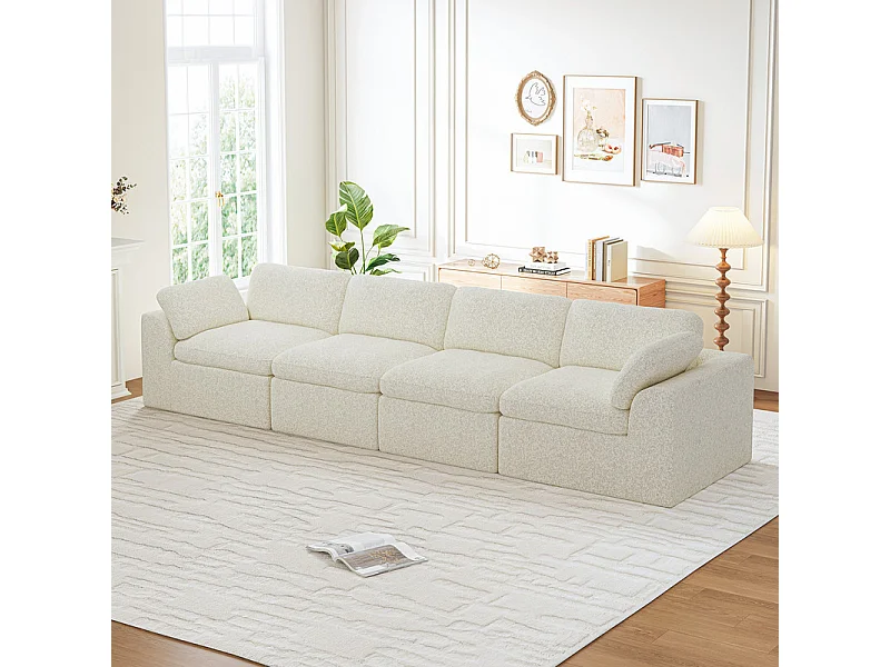 Canapé 4 places modulable en tissu chenille beige 368x102x88cm