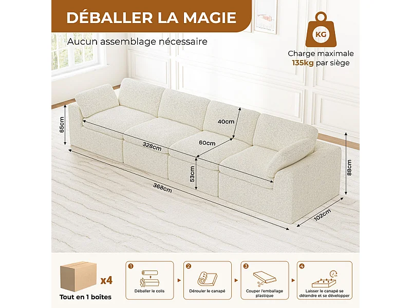 Canapé 4 places modulable en tissu chenille beige 368x102x88cm