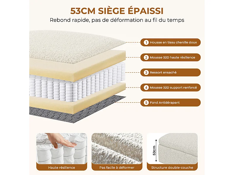 Canapé 4 places modulable en tissu chenille beige 368x102x88cm