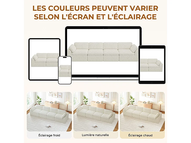 Canapé 4 places modulable en tissu chenille beige 368x102x88cm