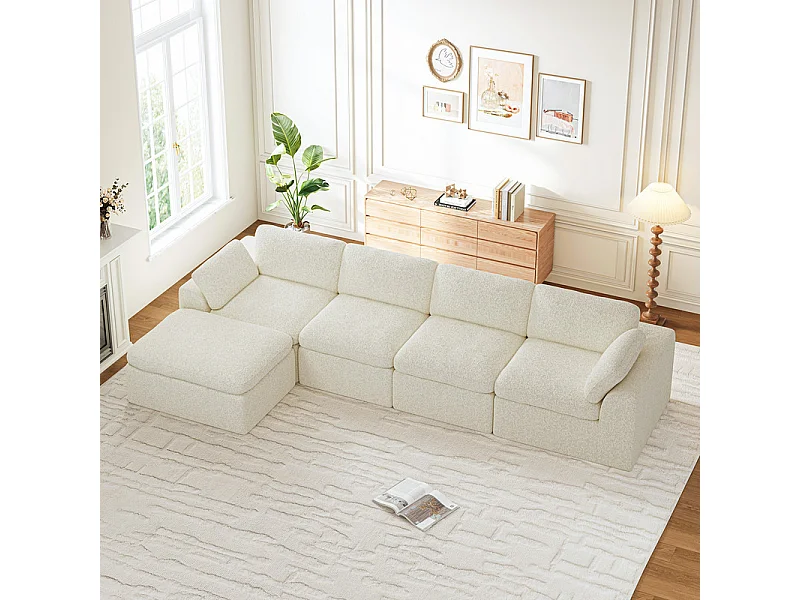 Canapé 4 places d'angle modulable en tissu chenille - avec pouf - Beige - 368x182x88cm