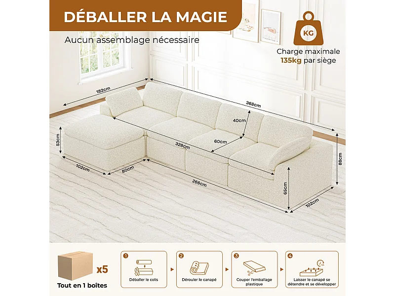 Canapé 4 places d'angle modulable en tissu chenille - avec pouf - Beige - 368x182x88cm
