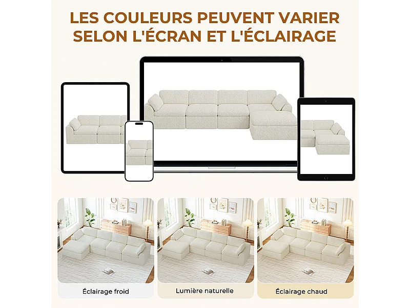 Canapé 4 places d'angle modulable en tissu chenille - avec pouf - Beige - 368x182x88cm