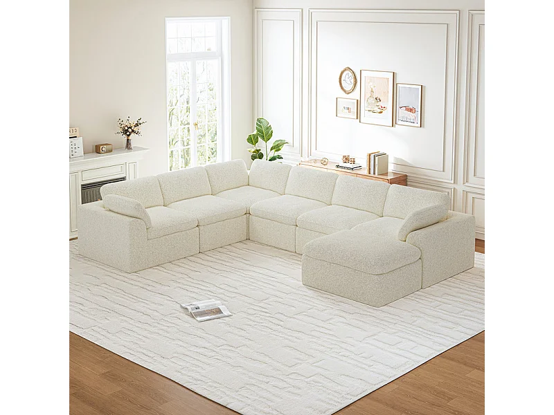 Canapé d'angle panoramique modulable en tissu chenille, 5-7 places, avec pouf, 368x286x88cm, Beige