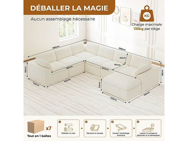 Canapé d'angle panoramique modulable en tissu chenille, 5-7 places, avec pouf, 368x286x88cm, Beige