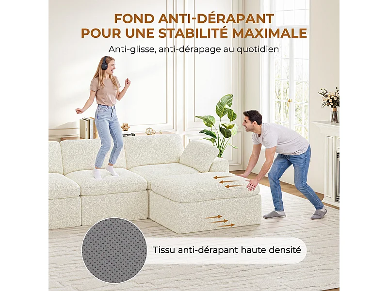 Canapé d'angle panoramique modulable en tissu chenille, 5-7 places, avec pouf, 368x286x88cm, Beige