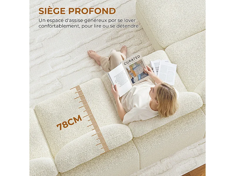 Canapé d'angle panoramique modulable en tissu chenille, 5-7 places, avec pouf, 368x286x88cm, Beige