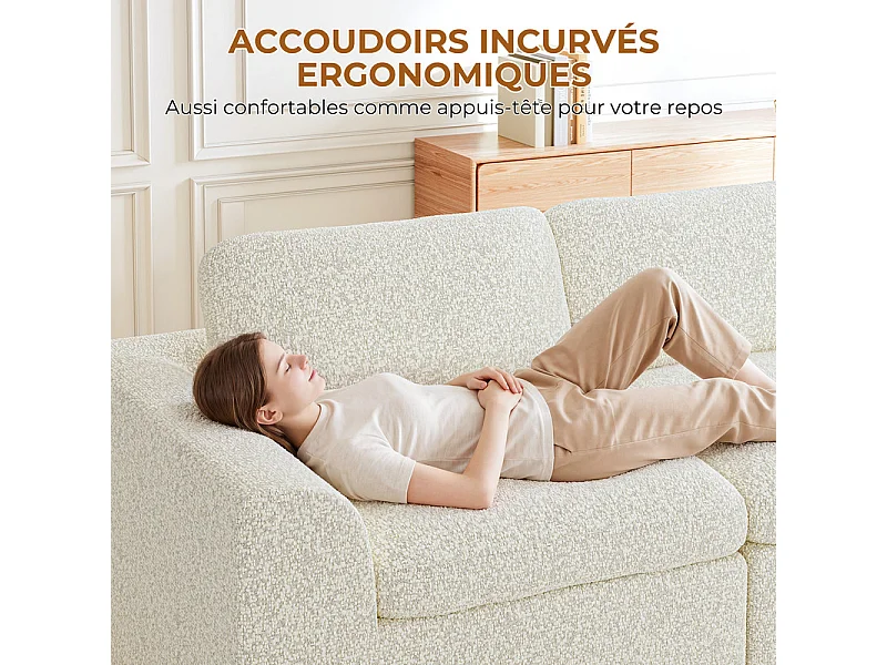 Canapé d'angle panoramique modulable en tissu chenille, 5-7 places, avec pouf, 368x286x88cm, Beige