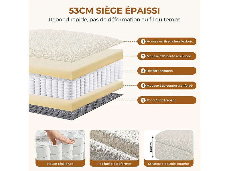 Canapé d'angle panoramique modulable en tissu chenille, 5-7 places, avec pouf, 368x286x88cm, Beige