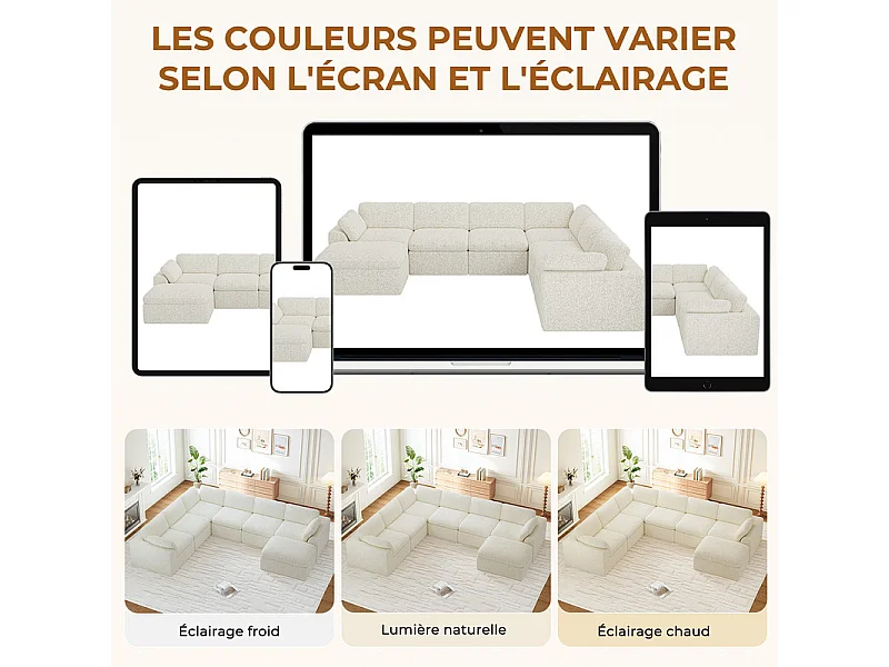 Canapé d'angle panoramique modulable en tissu chenille, 5-7 places, avec pouf, 368x286x88cm, Beige